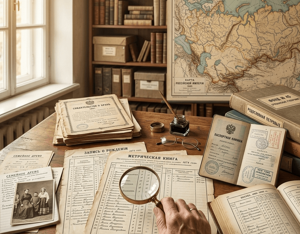 Russian genealogy research documents and archival records from the Russian Empire