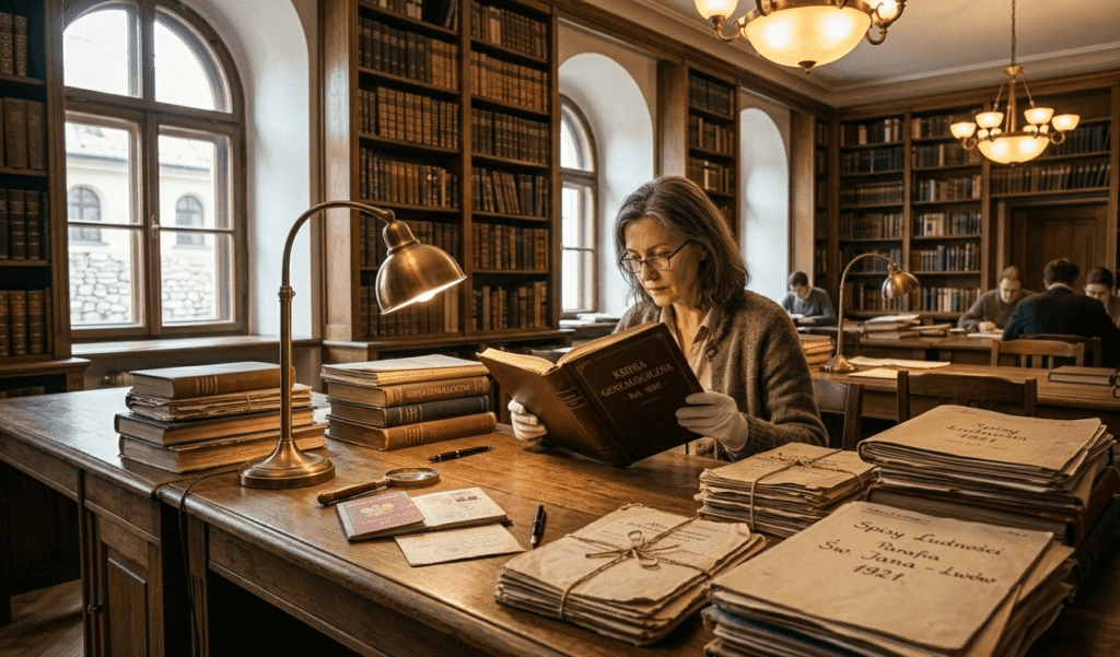 Researcher examining historical documents in a Polish archive reading room, stacks of old records and folders, warm lighting, scholarly atmosphere