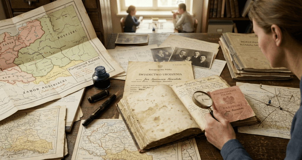 Genealogy researcher studying Polish ancestry records