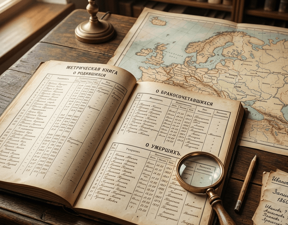 Open Russian Empire metrical book on a desk with a historical map and genealogy research materials