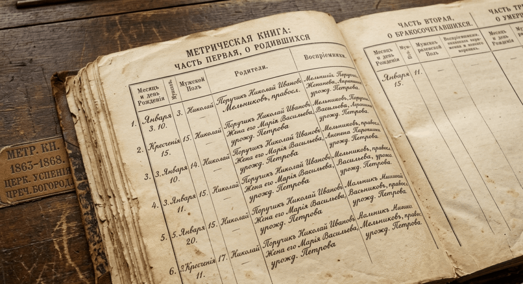 Example of a handwritten Russian Empire metrical record book used for genealogy research