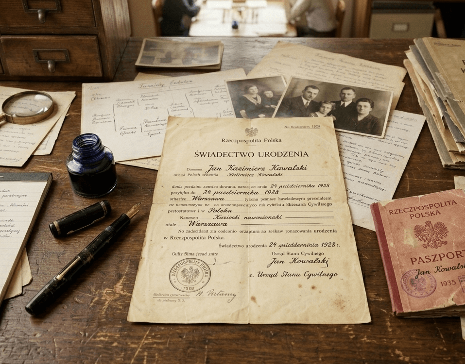 Polish birth certificate document used for genealogy and citizenship research