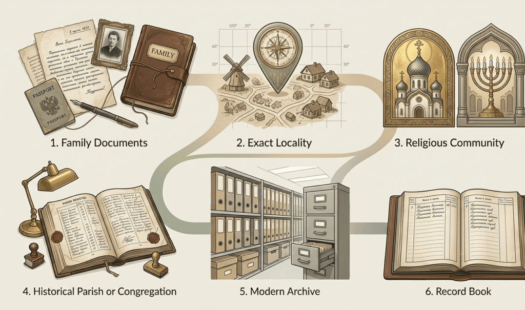 Genealogy research workflow for finding Russian Empire birth marriage and death records