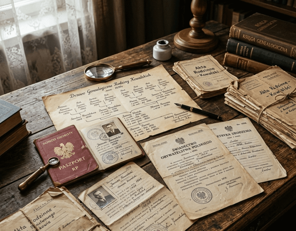 Polish citizenship documents and genealogy records on an archival research desk
