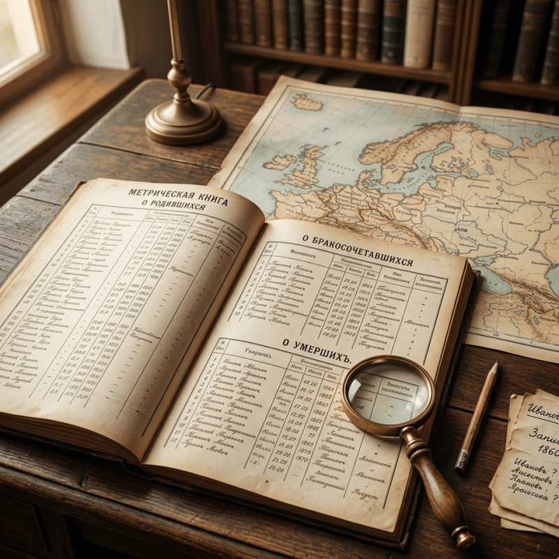 Open Russian Empire metrical book on a desk with a historical map and genealogy research materials