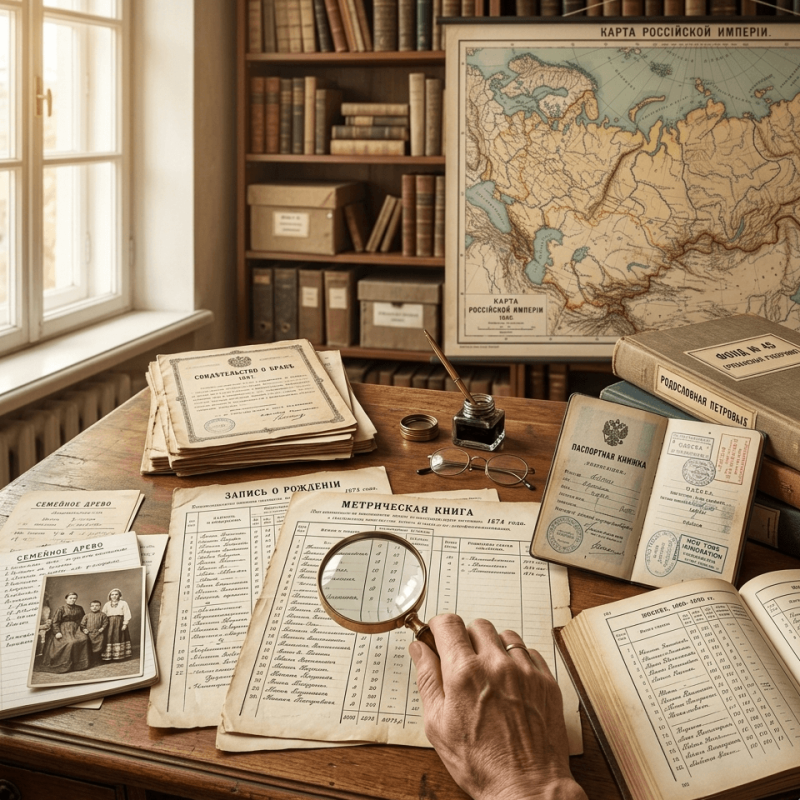 Russian genealogy research documents and archival records from the Russian Empire