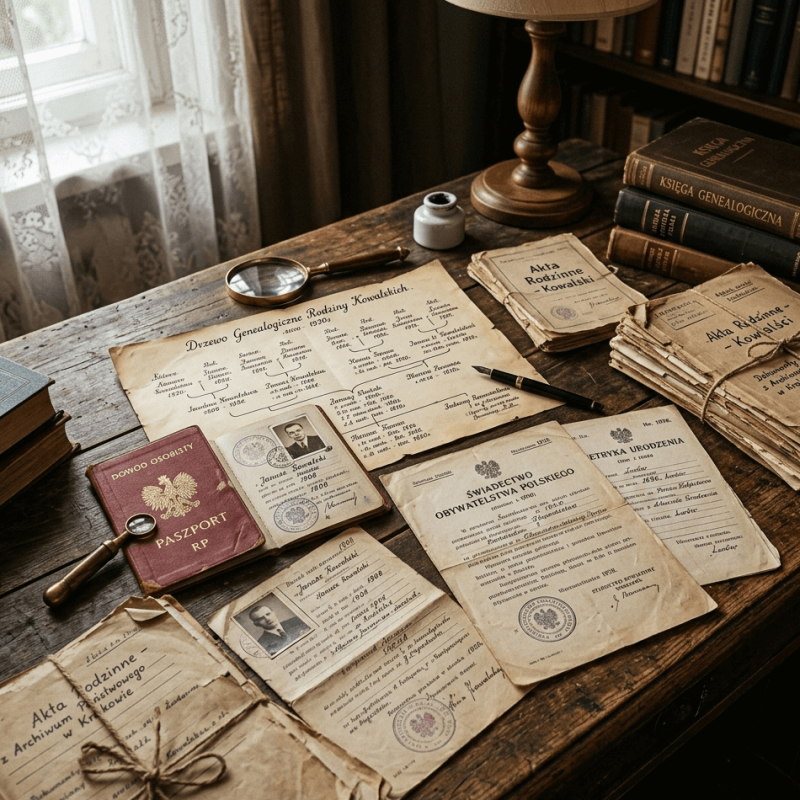 Polish citizenship documents and genealogy records on an archival research desk